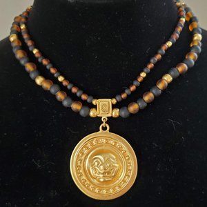 INCA Vintage Gold Medallion and Glass Beads Choker Necklace - 15 inch